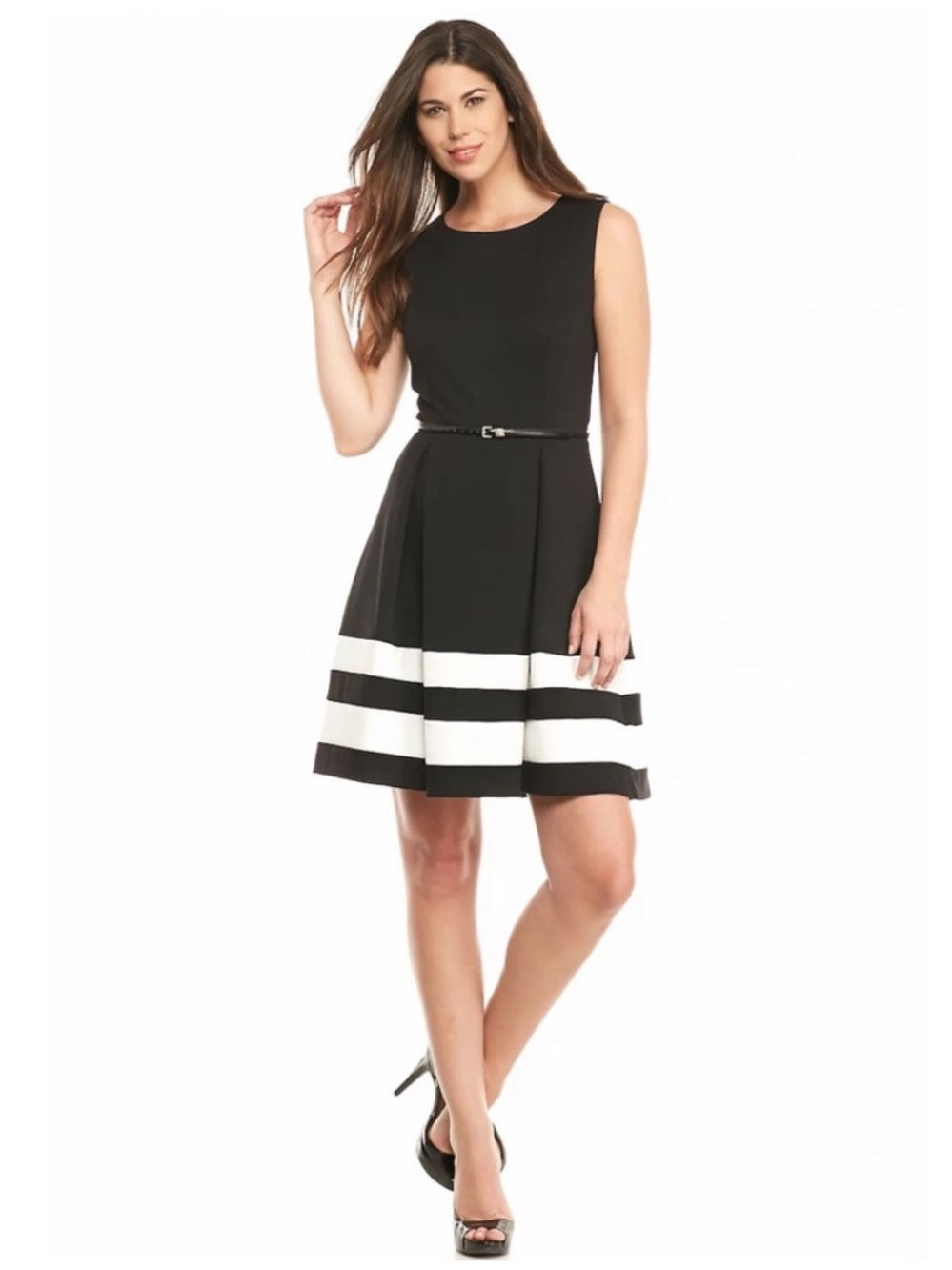 Calvin Klein Dress, Black and White Striped Midi Dress with Belt